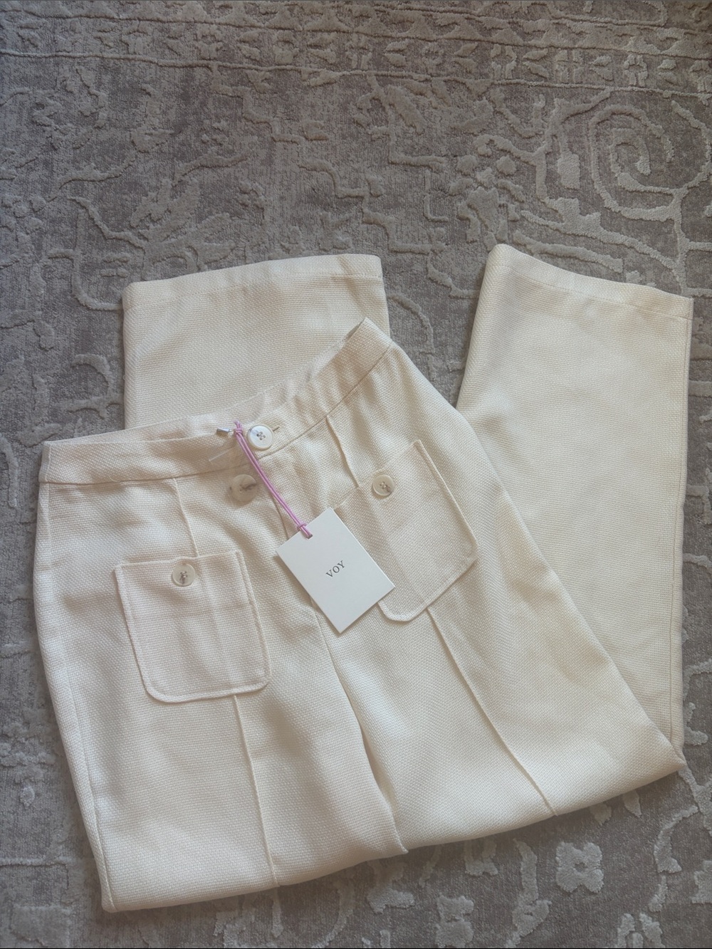 Cream Textured Front-Pocket Wide Leg Pants